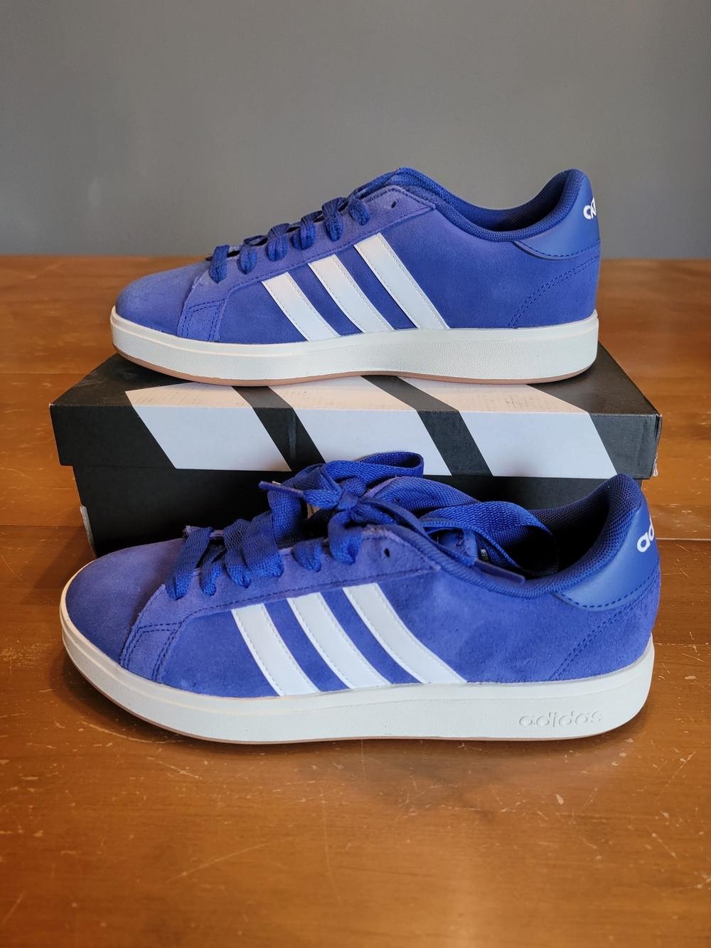 adidas Men’s Grand Court Base 00 Royal Blue Suede Sneakers with White Stripes 9
